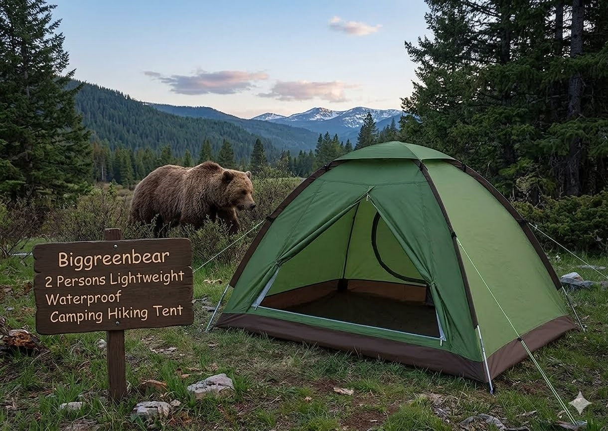 Green camping tent in a forest with a bear and mountains in the background big green bear