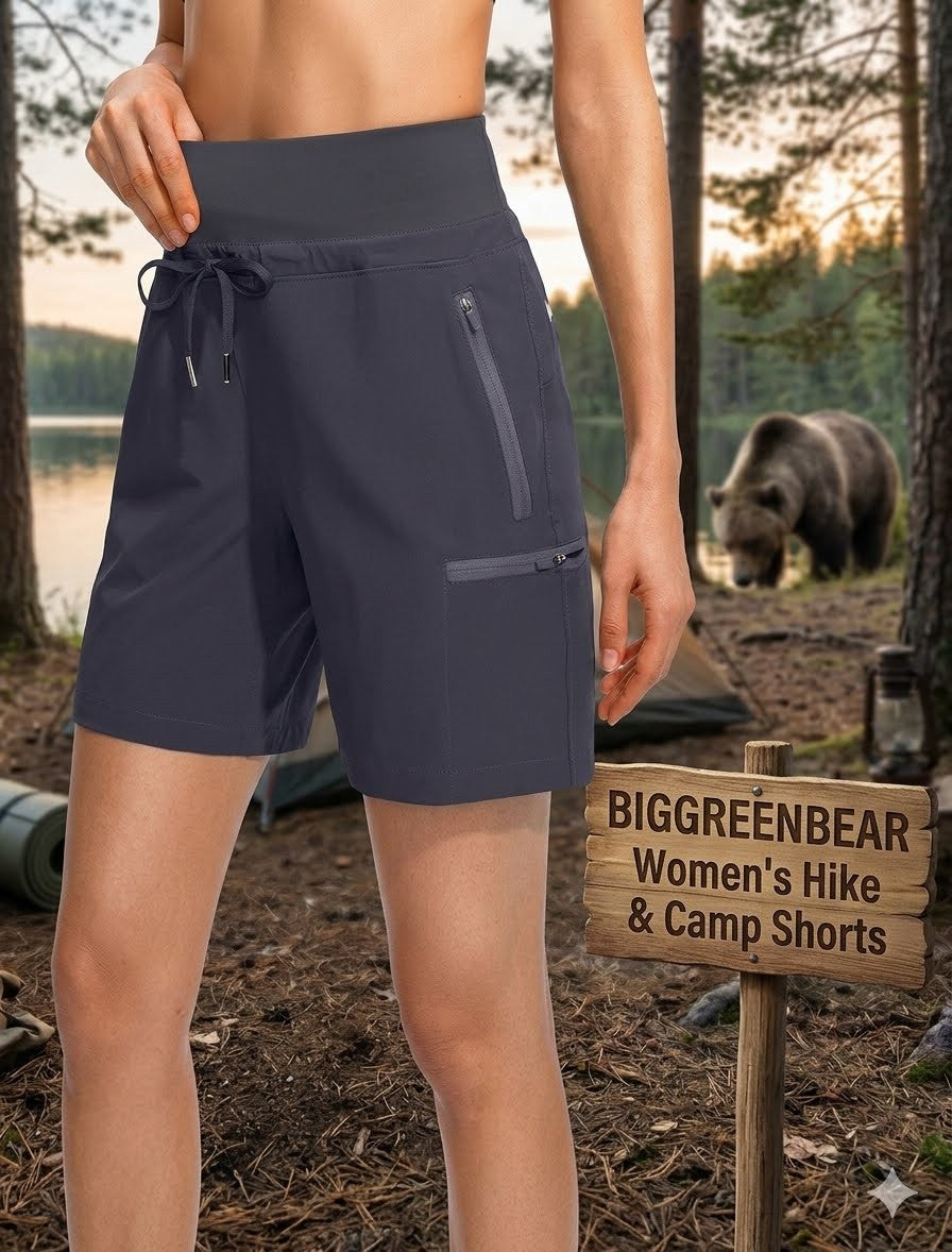 Person wearing navy blue shorts with a bear and camping sign in the background big green bear