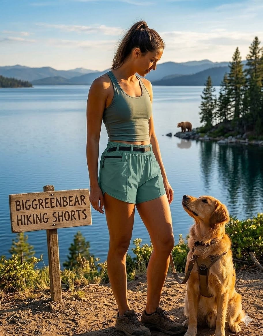 Woman and dog standing by a lake with mountains in the background, next to a sign for BigGreenBear hiking shorts.