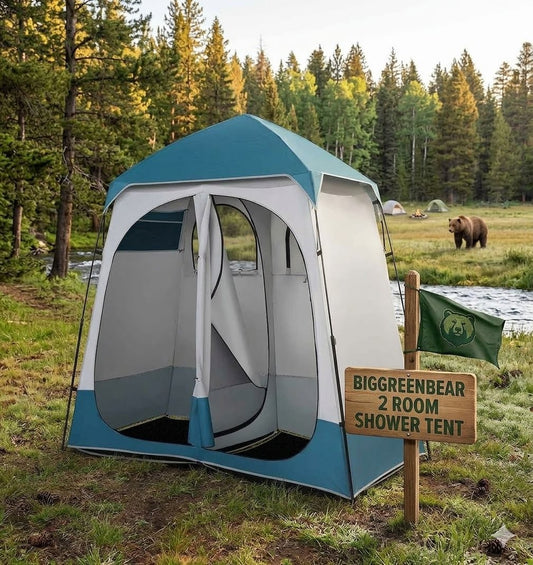 Two-room shower tent in a forest setting with a bear in the background
big green bear