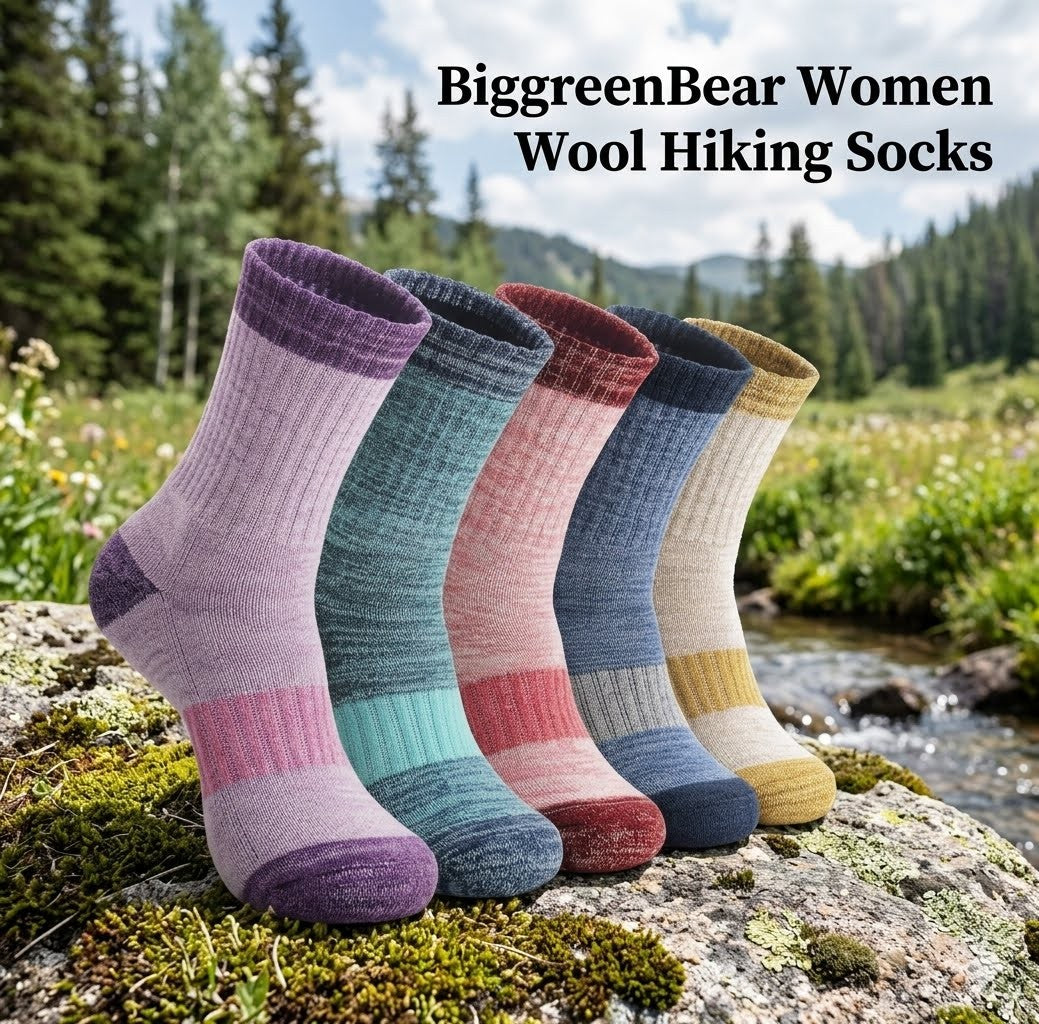 Five pairs of women's wool hiking socks in various colors on a rock with a forest background. big green bear