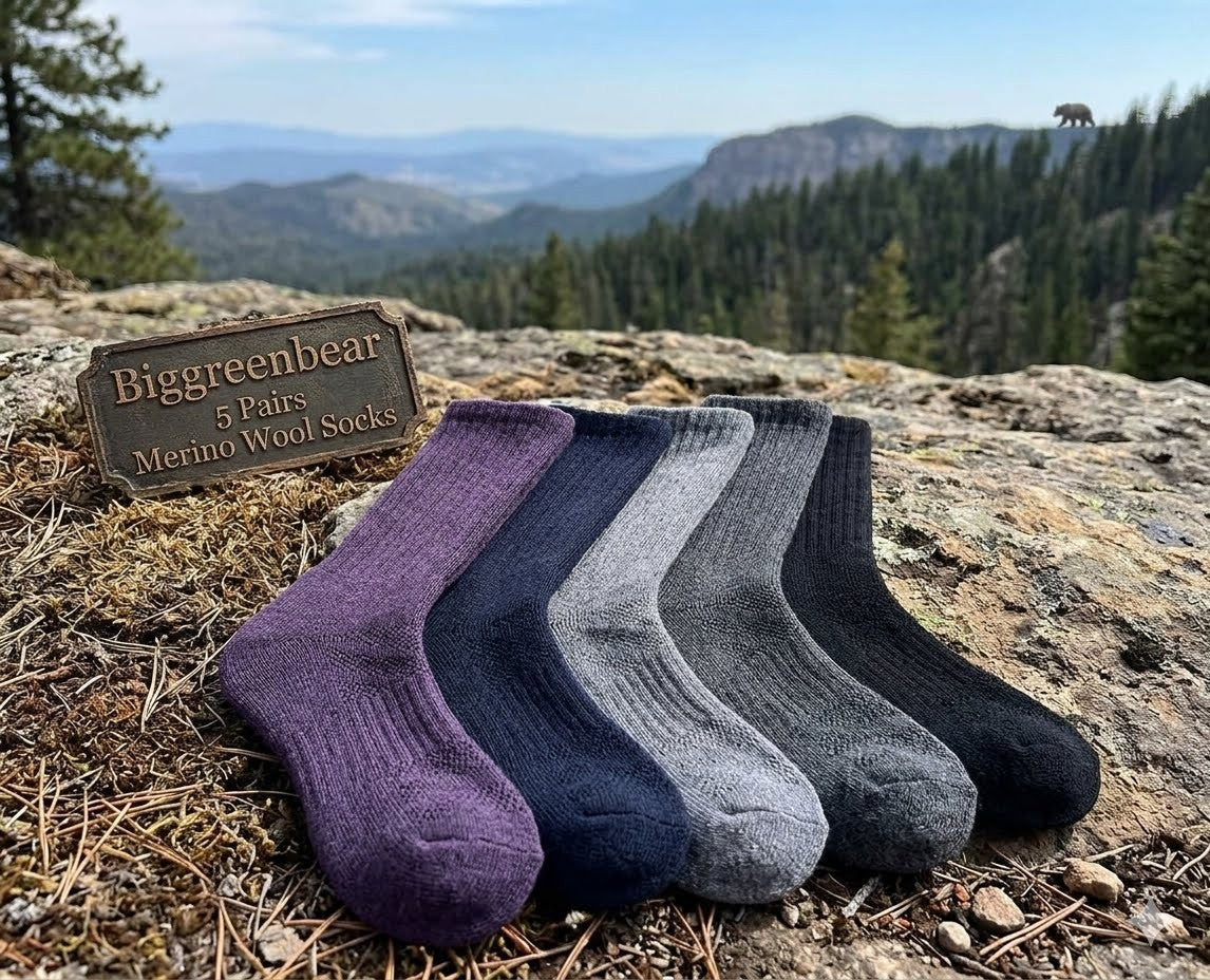Five pairs of merino wool socks in various colors on a rocky surface with a scenic background. big green bear