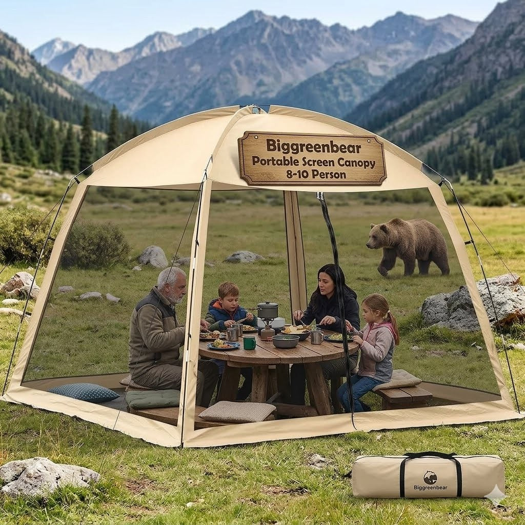 Biggreenbear portable screen canopy in a mountainous outdoor setting with people and a bear.