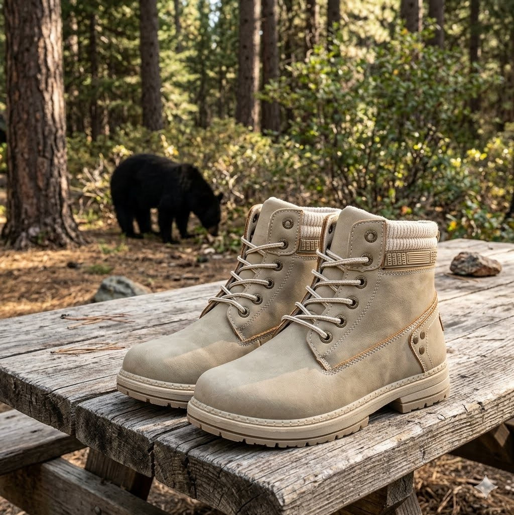 Beige hiking boots on a wooden bench with a bear in the background in a forest setting big green bear