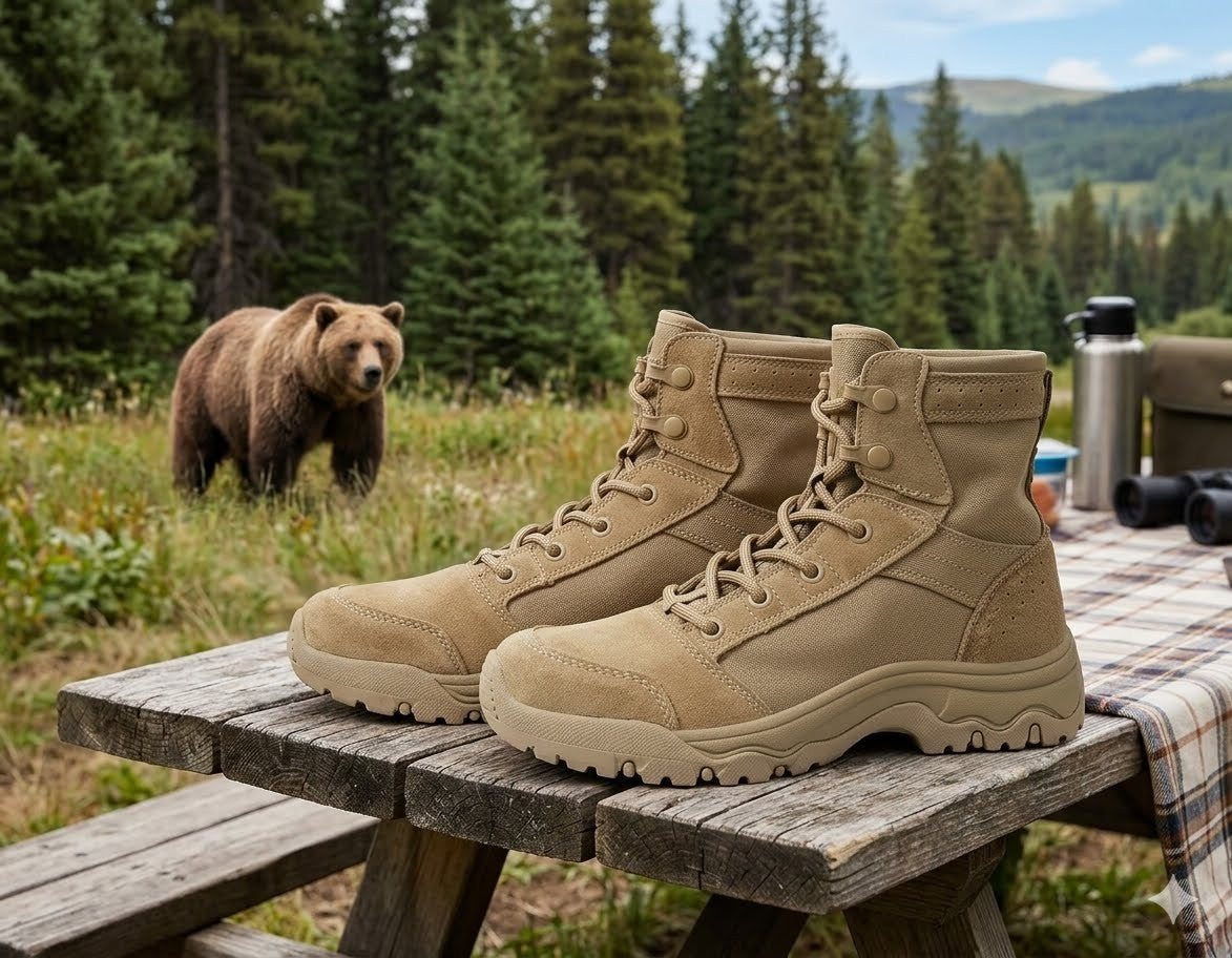 Tan boots on a wooden table with a bear in the background ig green bear