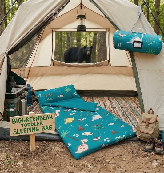 A toddler sleeping bag unrolled inside a cream canvas camping tent with a black bear standing in the background forest visible through the back screen window.