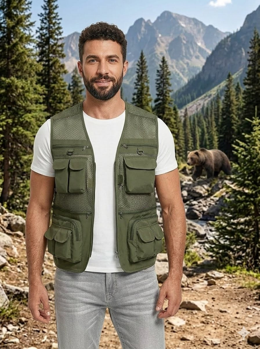 Big Green Bear army green utility fishing vest close up pocket and zipper detail layout