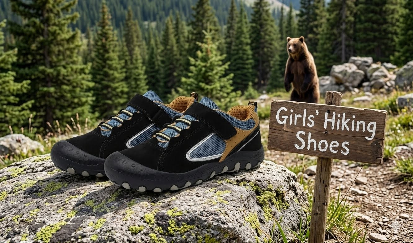 A pair of black and tan hiking shoes displayed on a large rock in a forest setting, with a wooden sign reading 'Girls' Hiking Shoes' and a bear in the background.