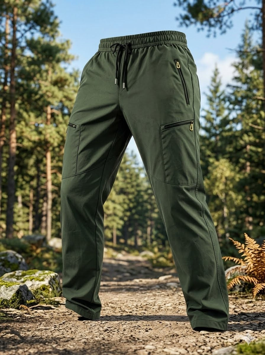 Olive green outdoor cargo pants with a drawstring waist and zippered pockets, shown standing on a forest trail.