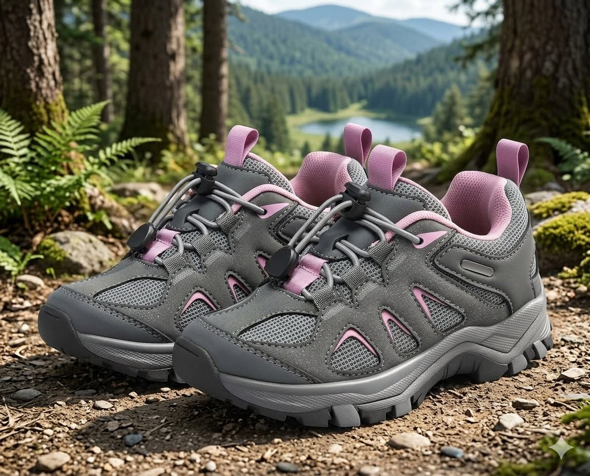 A pair of gray and pink hiking shoes placed on a forest trail with trees, ferns, and a mountain lake in the background. big green bear