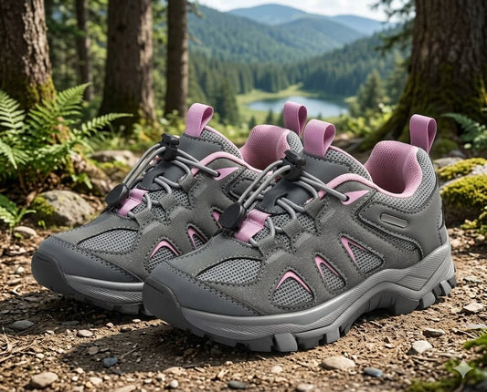 A pair of gray and pink hiking shoes placed on a forest trail with trees, ferns, and a mountain lake in the background. big green bear