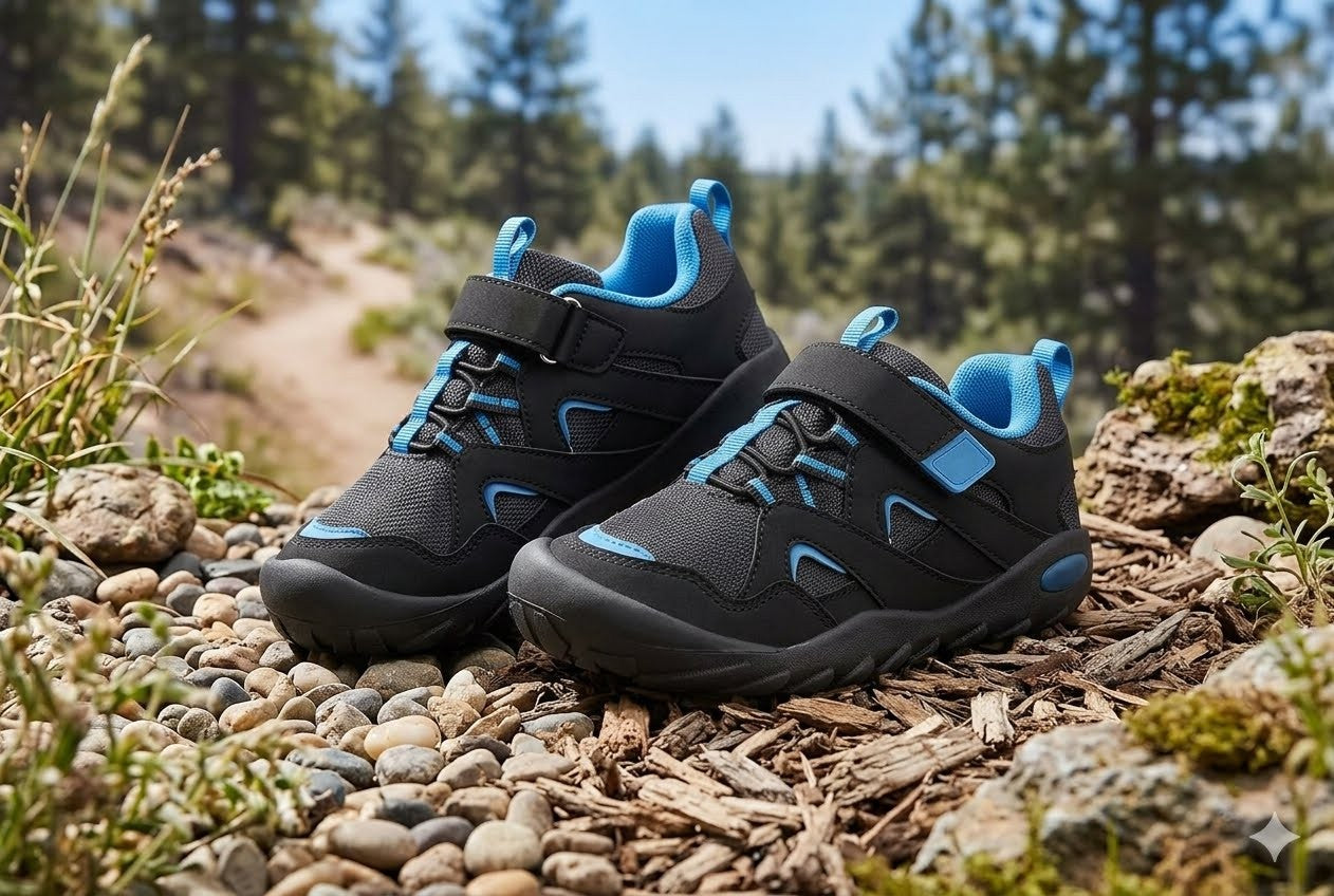 A pair of black and blue outdoor hiking shoes placed on rocks and wood chips in a forest setting.