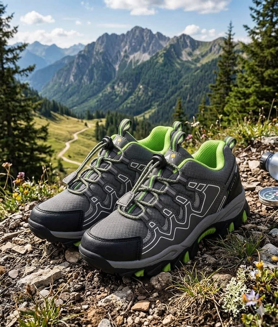 A pair of gray and black hiking shoes with bright green accents, placed on a rocky mountain path with a scenic alpine valley and pine trees in the background. biggreenbear.com