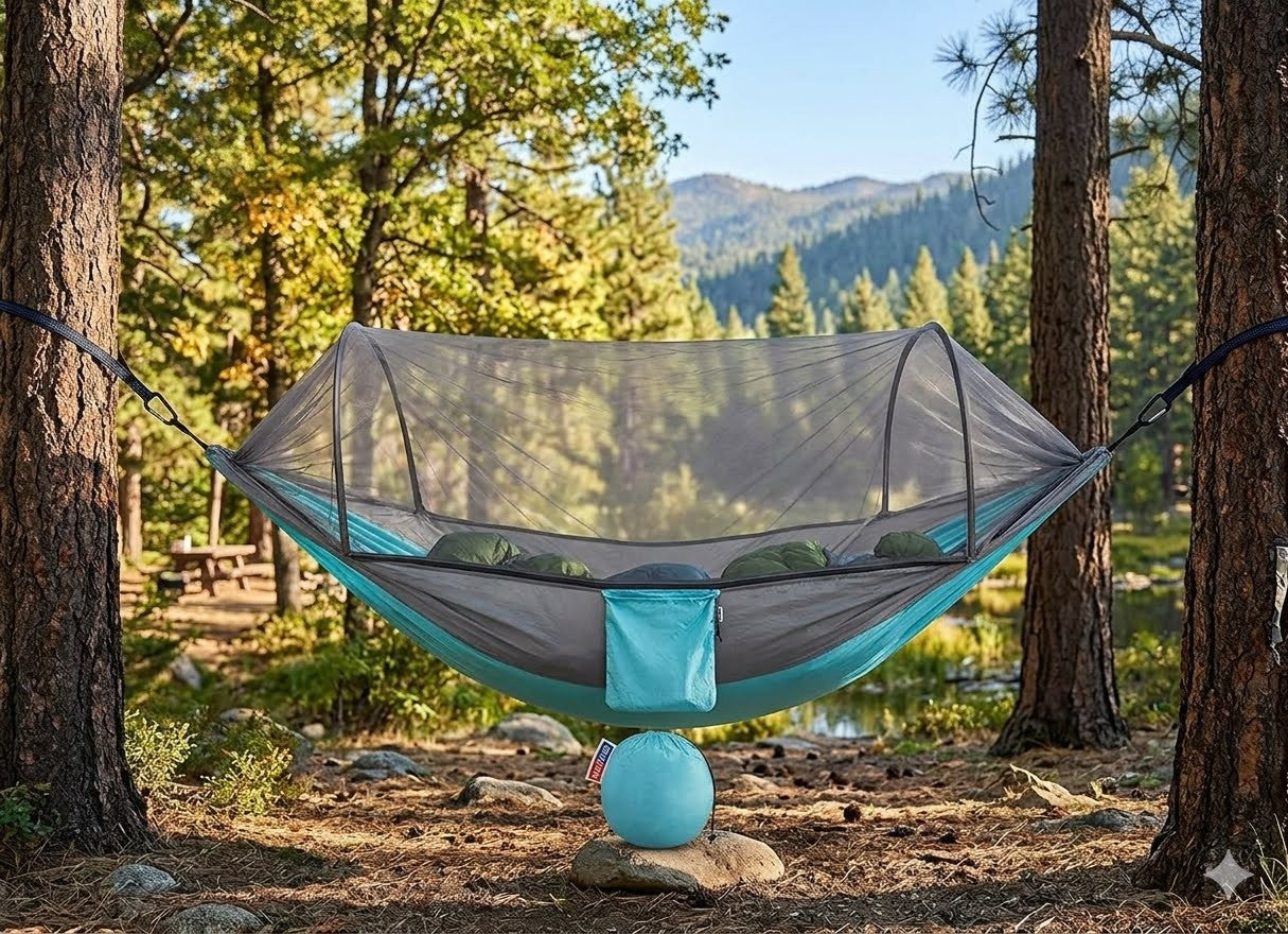 A teal and gray camping hammock with an attached mosquito net suspended between two trees in a forest setting, with a blue ball resting below the hammock. biggreenbear.com