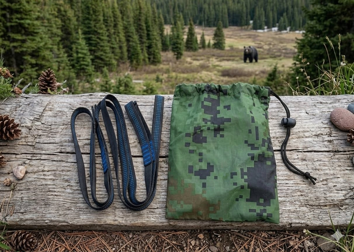 A green digital camouflage drawstring pouch with a black cord lies on a weathered wooden log outdoors, next to a coiled black strap with blue woven detailing. A forest and a bear are visible in the background. big green bear
