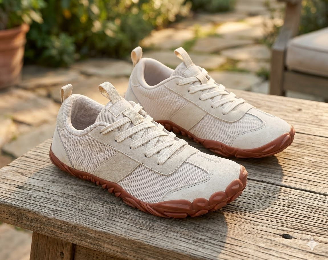 A pair of low-top lace-up sneakers in off-white with brown sculpted soles, displayed on a rustic wooden table with a blurred garden background. big green bear