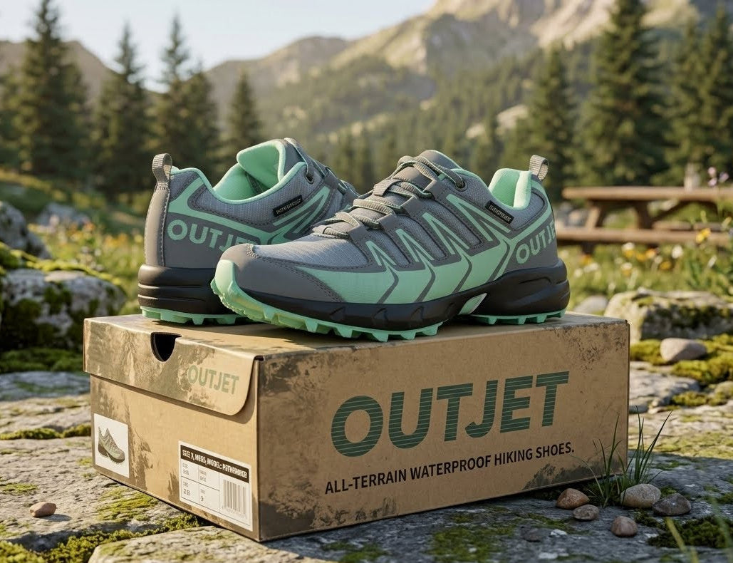 A pair of OUTJET all-terrain waterproof hiking shoes in gray and mint green, displayed on top of their branded cardboard shoebox in an outdoor mountain setting. big green bear