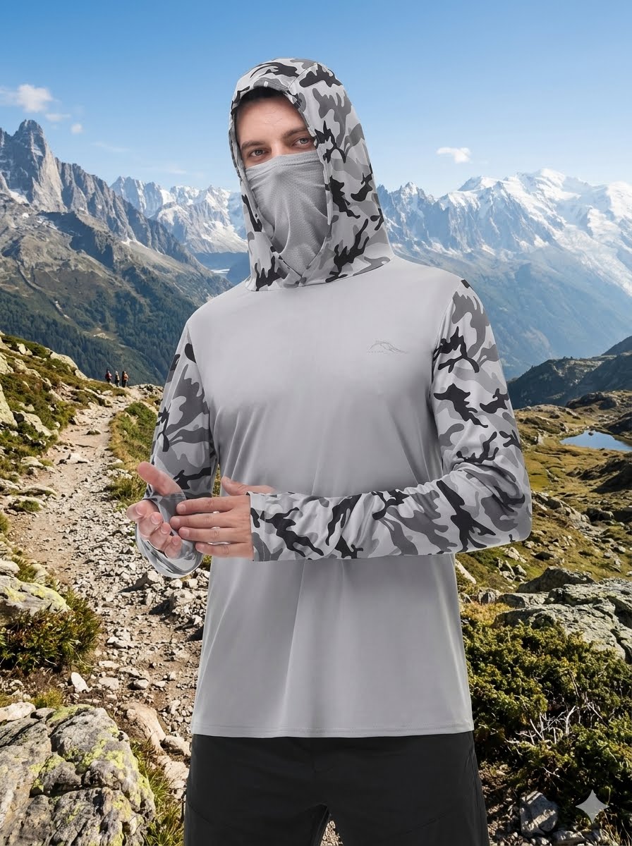 A man wearing a light gray long-sleeve athletic shirt with a black and white camouflage hood and face mask, standing on a mountain trail with snowy peaks in the background. big green bear