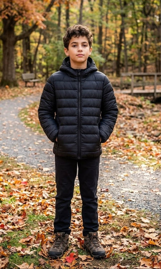 A young boy stands on a gravel path in an autumn park wearing a black puffer jacket, dark pants, and hiking boots.