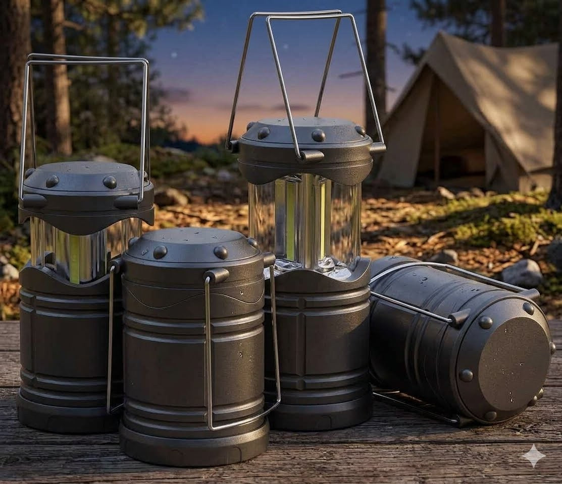 Four dark gray metal lanterns with wire handles and clear glass panels, arranged on a wooden surface outdoors with a camping tent and trees in the background at dusk. big green bear