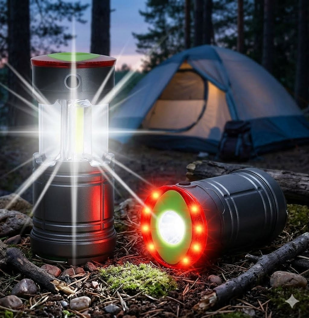 Two dark gray camping lanterns on a forest floor with a tent blurred in the background. One lantern stands upright and is turned on, emitting a bright white light with red accent rings. big green bear