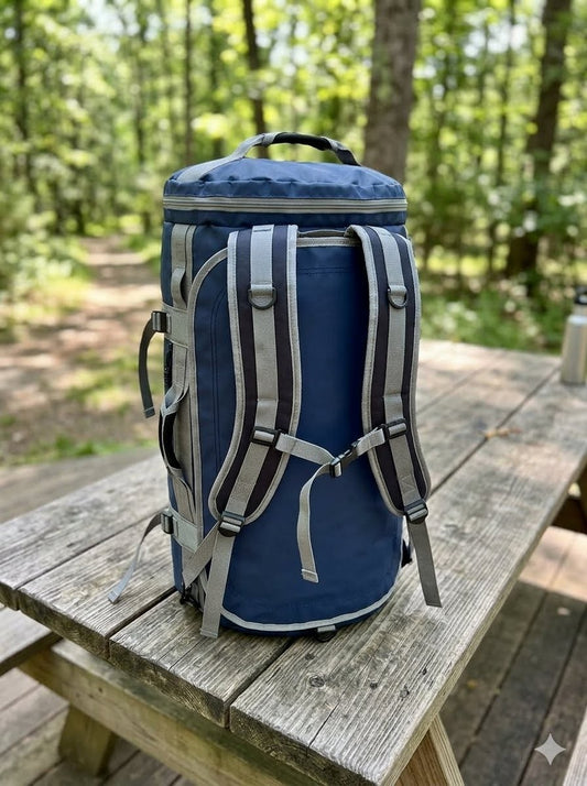 A blue cylindrical cooler bag with gray and black striped shoulder straps, sitting on a weathered wooden picnic table in a wooded outdoor setting. big green bear