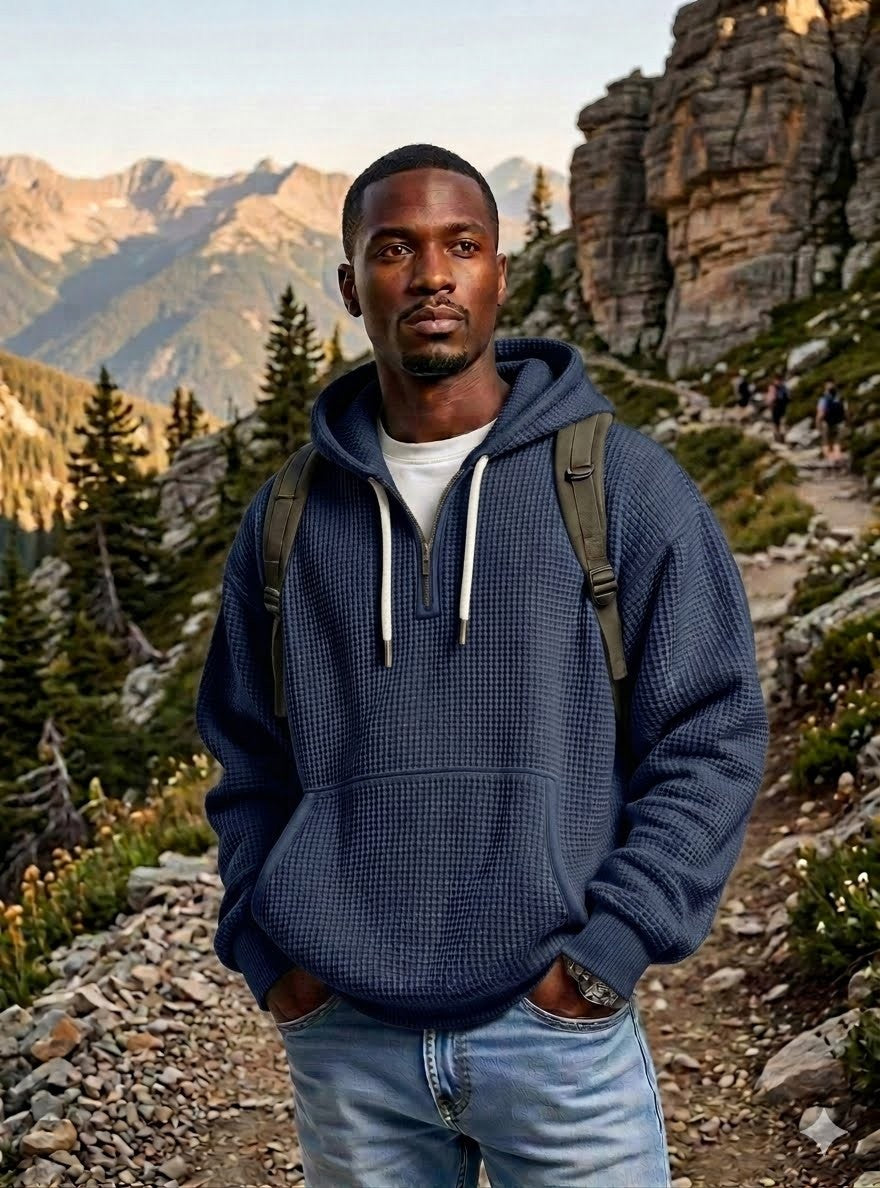 A man wearing a navy blue waffle-knit pullover hoodie with white drawstrings, standing on a mountain hiking trail. big green bear