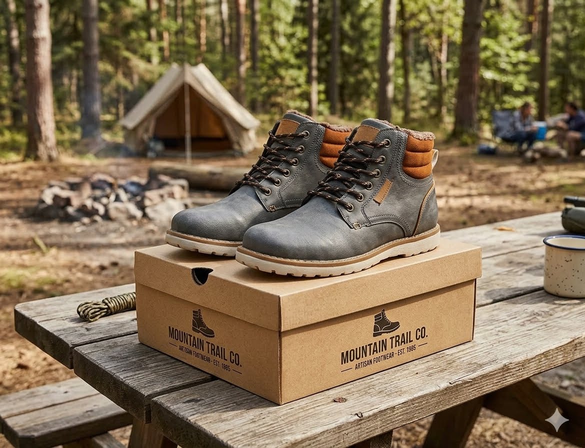A pair of dark gray leather hiking boots with tan collar lining sits on top of a brown cardboard shoebox branded 'MOUNTAIN TRAIL CO.' in an outdoor forest campsite setting.