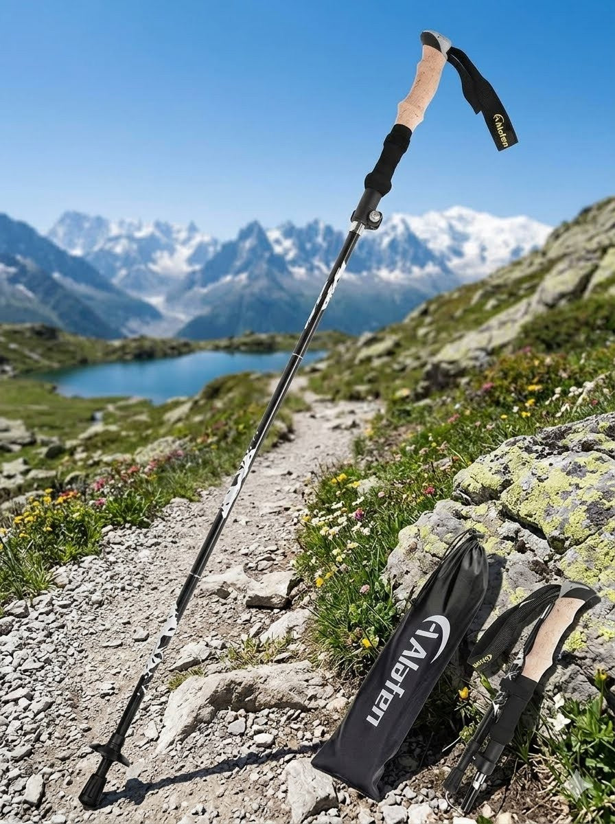 A pair of Alpinen hiking poles with black and beige grips, shown on a rocky mountain trail with a scenic alpine lake and snow-capped mountains in the background. A black Alpinen carrying pouch is also visible on the trail. big green bear