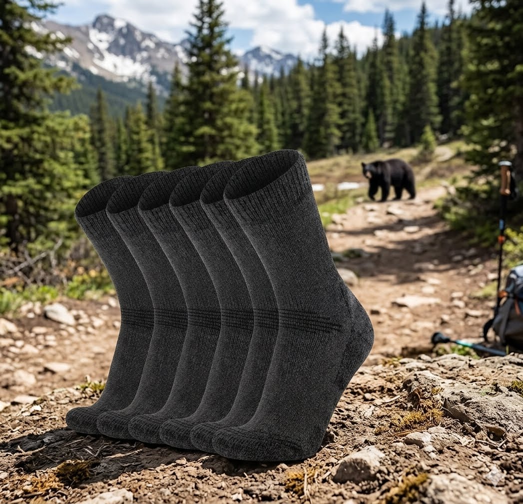 Five pairs of dark gray hiking socks arranged in a fan shape on a rocky trail, with a forest and mountains in the background and a bear visible at a distance. big green bear