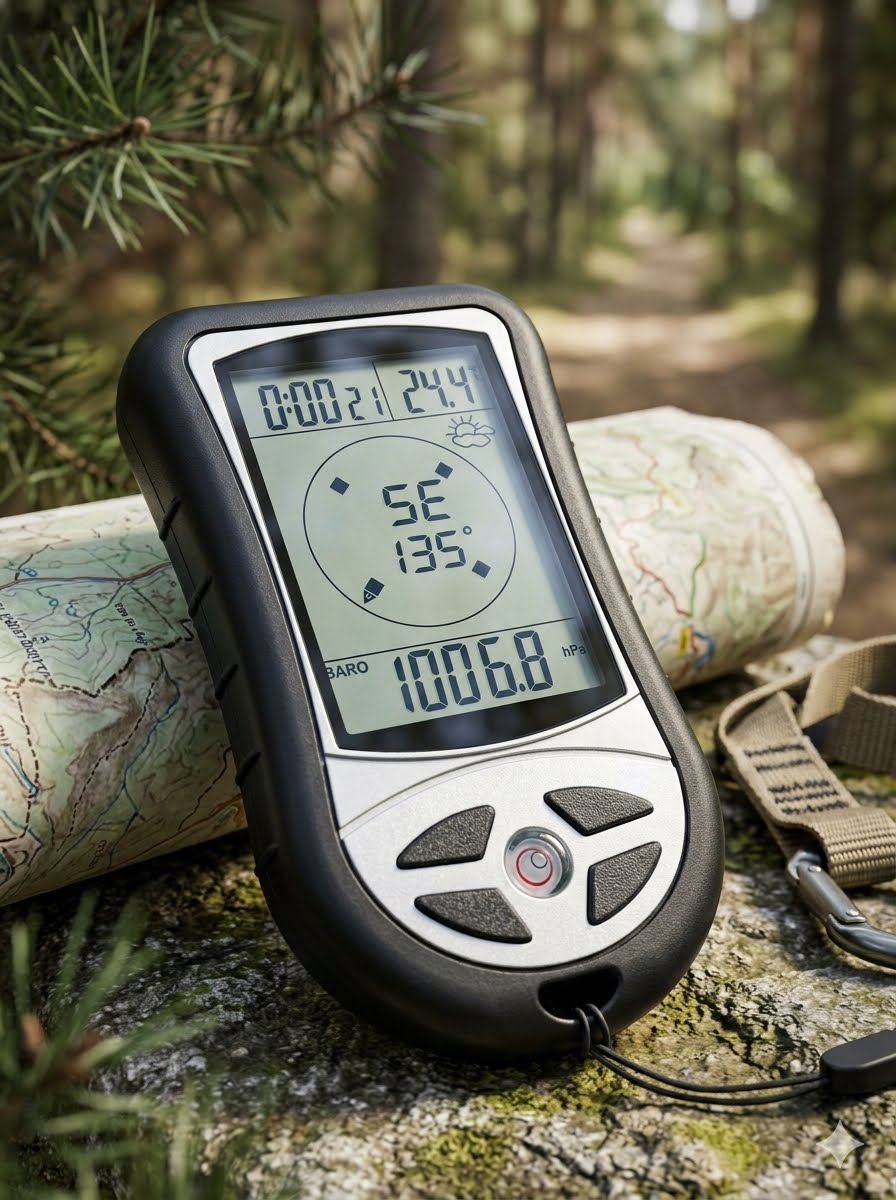 A rugged handheld GPS device with a digital display showing direction, time, temperature, and altitude, resting on a mossy log outdoors with a map and strap nearby in a forest setting. big green bear Biggreenbear.com