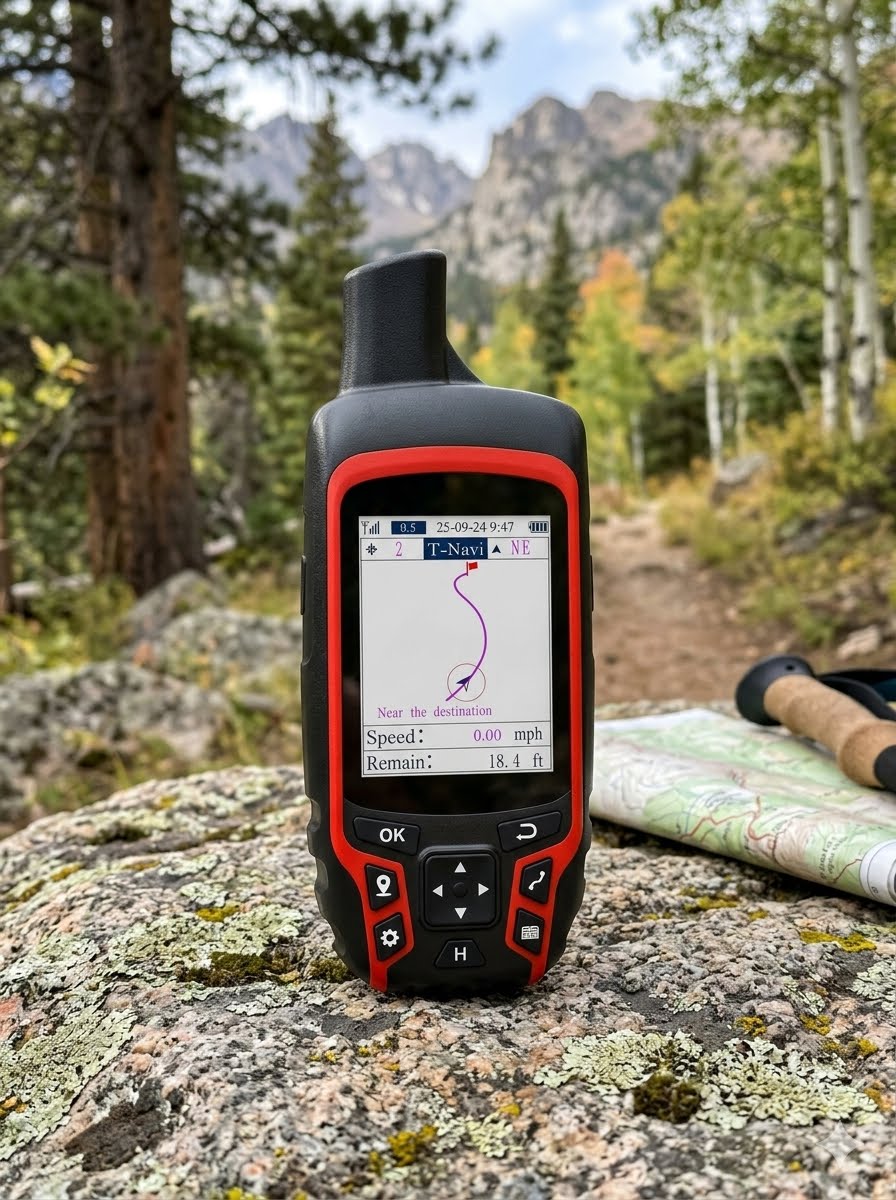 A handheld GPS device with a black and red body stands on a rock in a forest setting, with a map and another device visible in the background. big green bear Biggreenbear.com