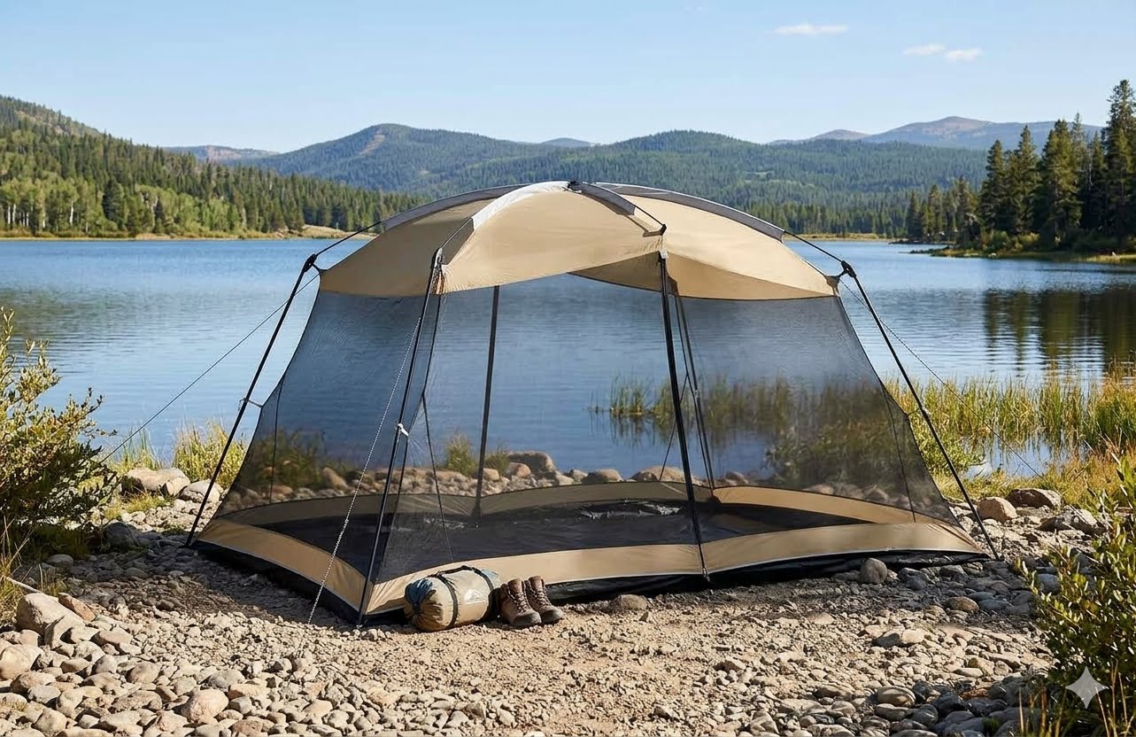 A large dome-style camping tent with a beige canopy and black mesh walls is pitched on a rocky lakeshore with mountains and trees in the background. big green bear Biggreenbear.com