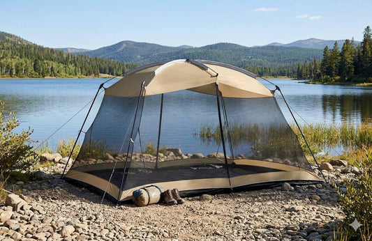A large dome-style camping tent with a beige canopy and black mesh walls is pitched on a rocky lakeshore with mountains and trees in the background. big green bear Biggreenbear.com
