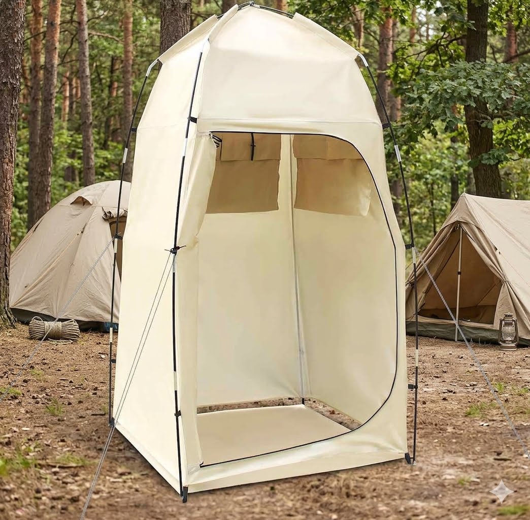 A beige pop-up shower tent pitched in a forest clearing, with other camping tents visible in the background among trees. big green bear