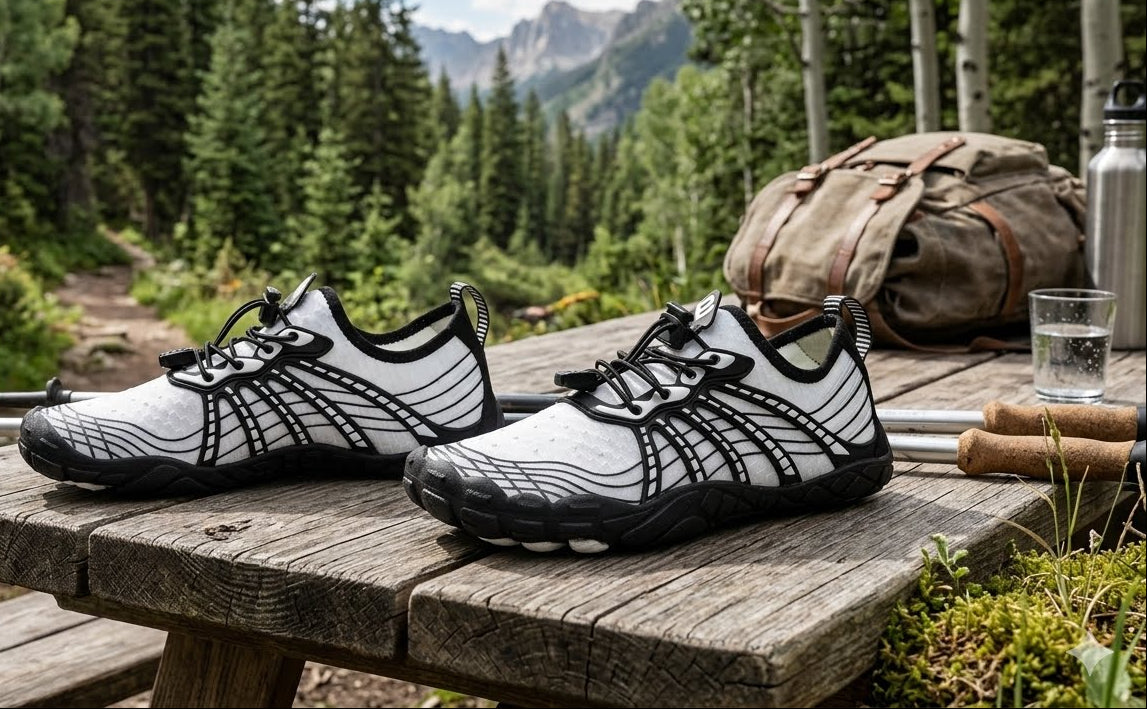 A pair of white and black minimalist trail running shoes displayed on a rustic wooden picnic table outdoors, with a hiking backpack, water bottle, and forest mountains in the background. big green bear