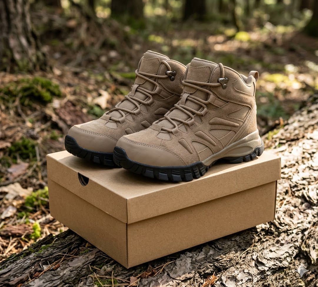 A pair of tan tactical-style hiking boots placed on top of a brown cardboard shoe box outdoors on a forest floor. big green bear