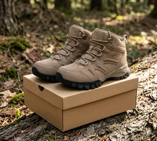 A pair of tan tactical-style hiking boots placed on top of a brown cardboard shoe box outdoors on a forest floor. big green bear