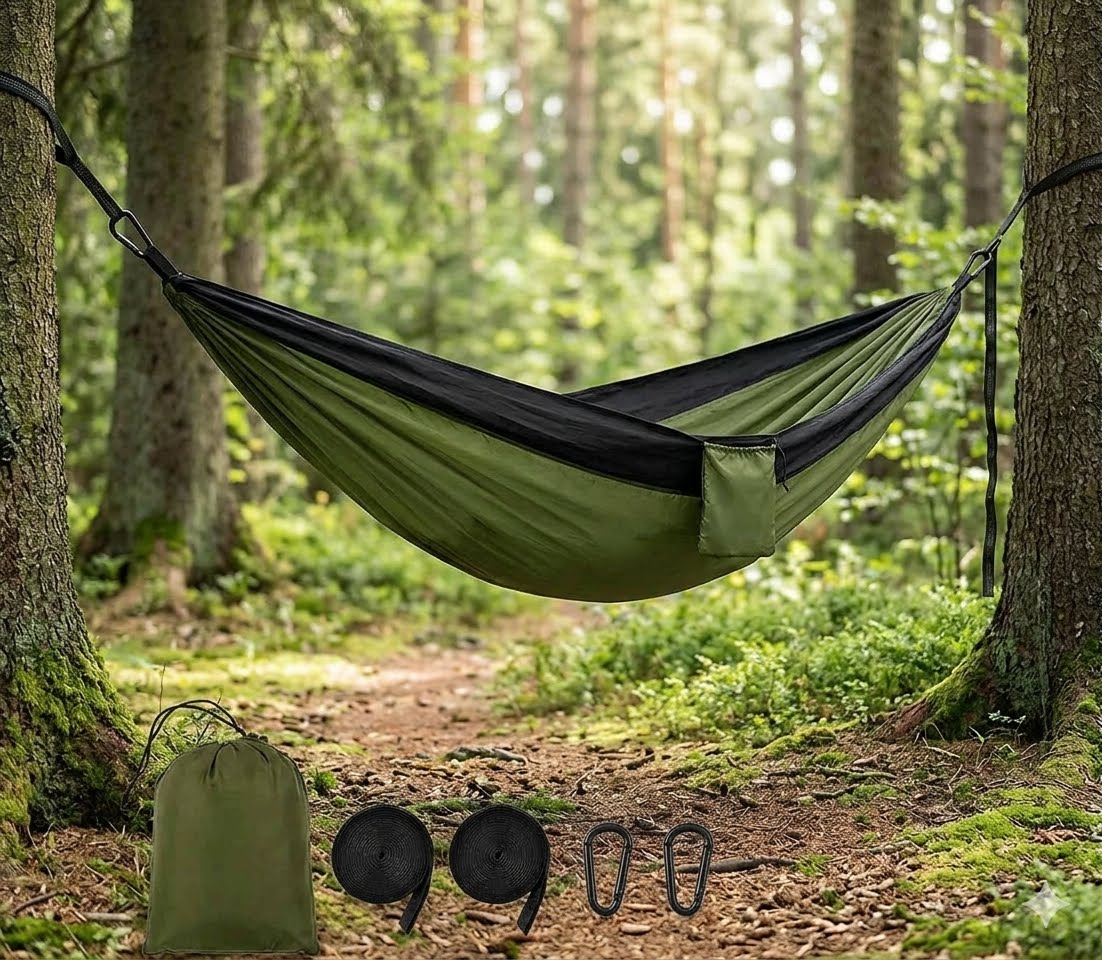 An olive green and black camping hammock suspended between two trees in a forest, with its matching green storage bag, two black pegs, and two black carabiners placed on the forest floor below. big green bear Biggreenbear.com