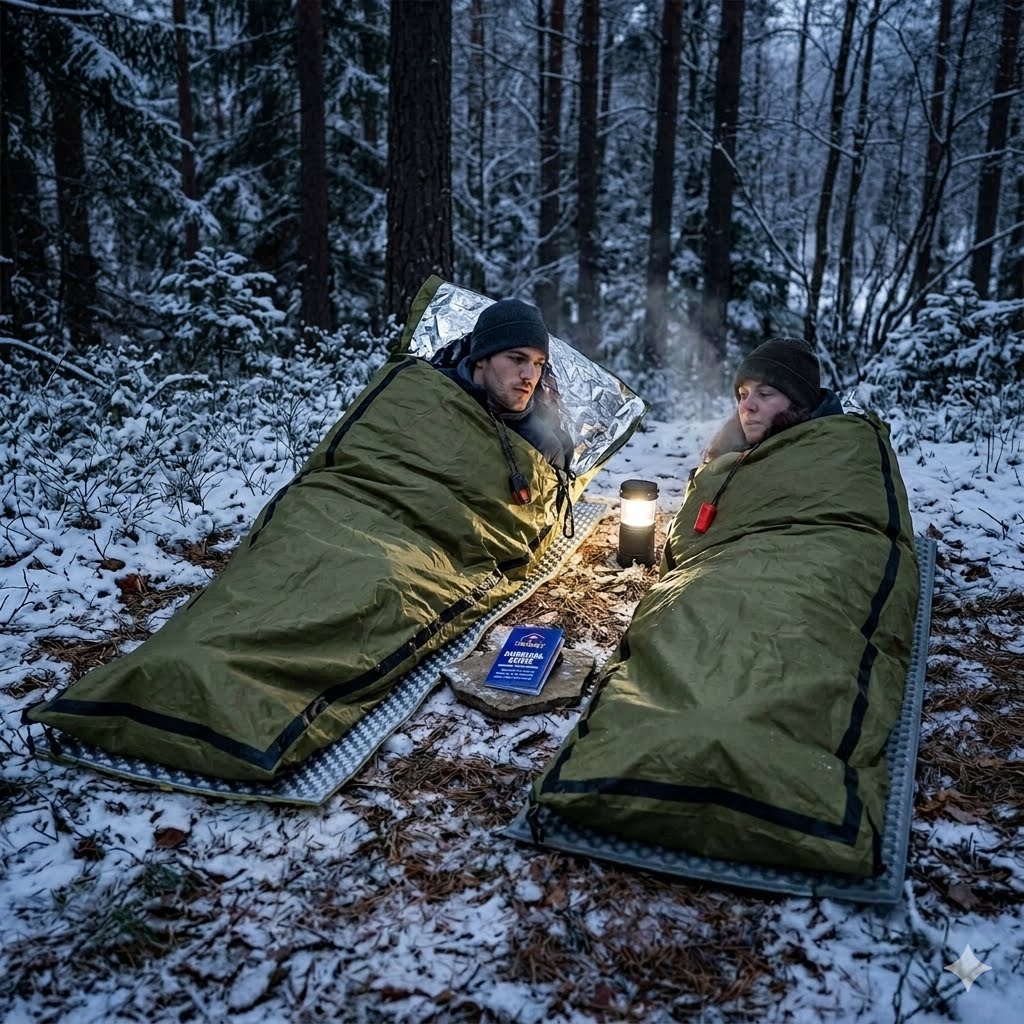 Two people lying in olive green sleeping bags in a snowy forest at night, with a small lantern between them and a blue book on the ground. big green bear Biggreenbear.com