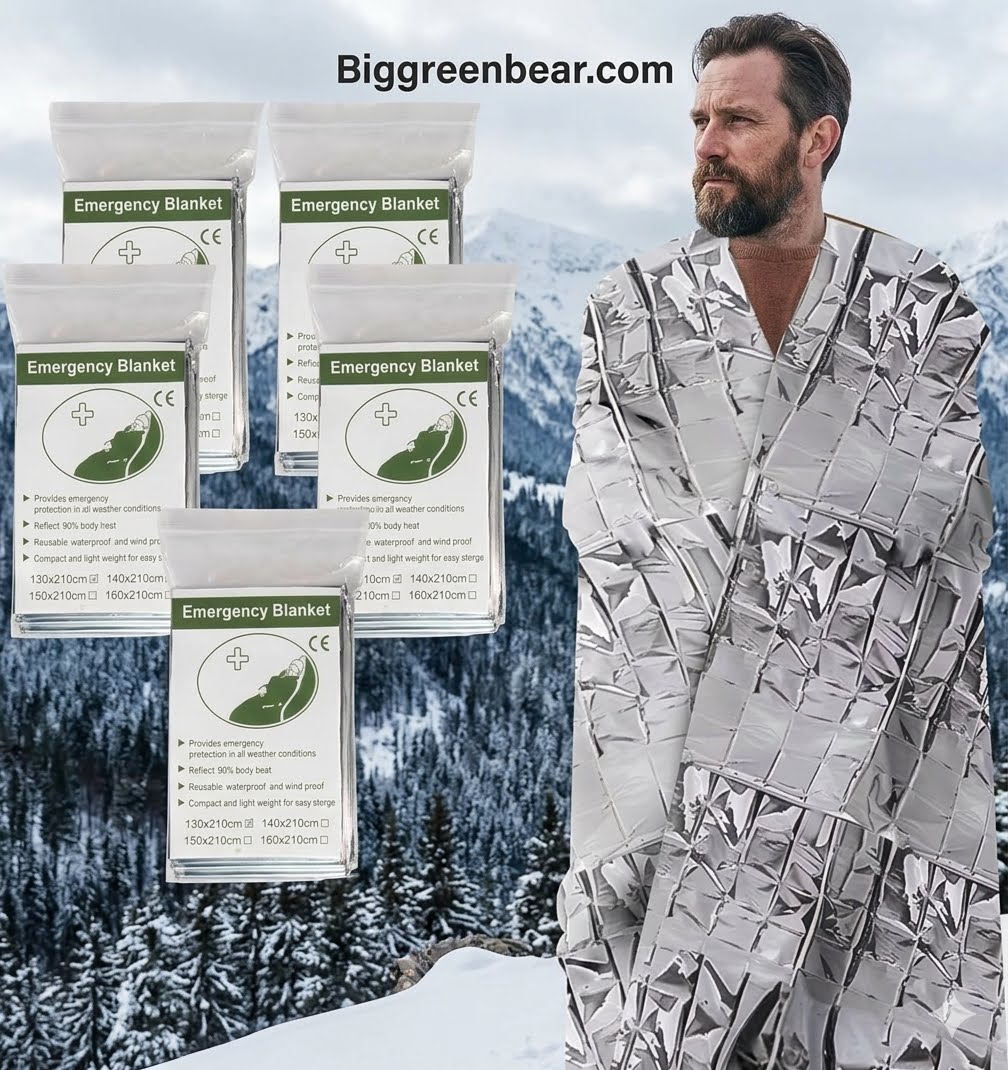 Emergency blanket product shown with several sealed pouches labeled 'Emergency Blanket' and a man wrapped in a reflective silver foil blanket, set against a snowy mountain background. The text 'Biggreenbear.