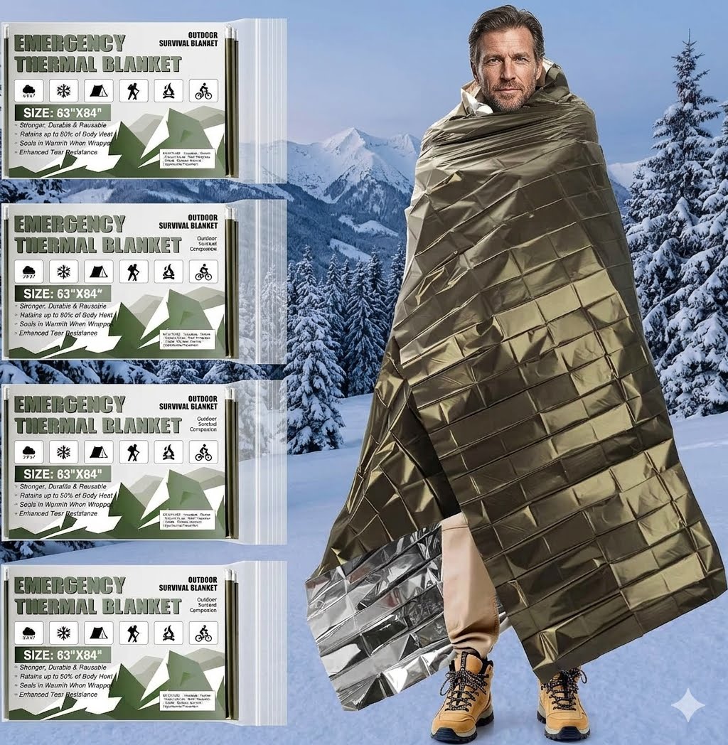 A man wrapped in a reflective emergency thermal blanket stands in a snowy mountain landscape, with three packaged versions of the emergency thermal blanket shown along the left side. The blanket is olive green and gold with a crinkled reflective texture. big green bear biggreenbear.com