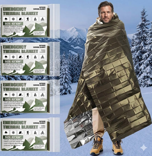 A man wrapped in a reflective emergency thermal blanket stands in a snowy mountain landscape, with three packaged versions of the emergency thermal blanket shown along the left side. The blanket is olive green and gold with a crinkled reflective texture. big green bear biggreenbear.com