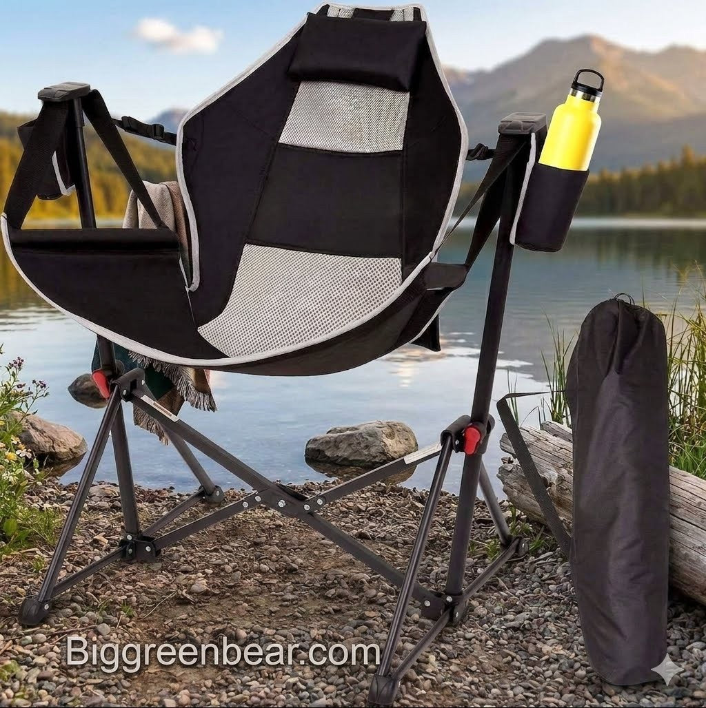 A black and gray folding camp chair with a side cup holder holding a yellow water bottle, set outdoors by a lake with mountains in the background. A black carrying bag stands beside the chair, and a Biggreenbear.