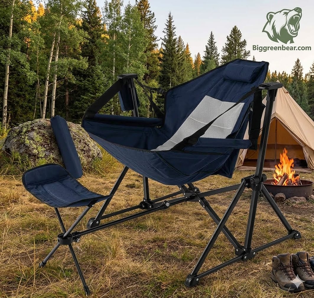 A navy blue folding camp chair with a matching small side cushion is set up outdoors in a campsite scene with trees, a tent, a fire pit, and hiking boots nearby. A Big Green Bear logo watermark appears in the top right corner.