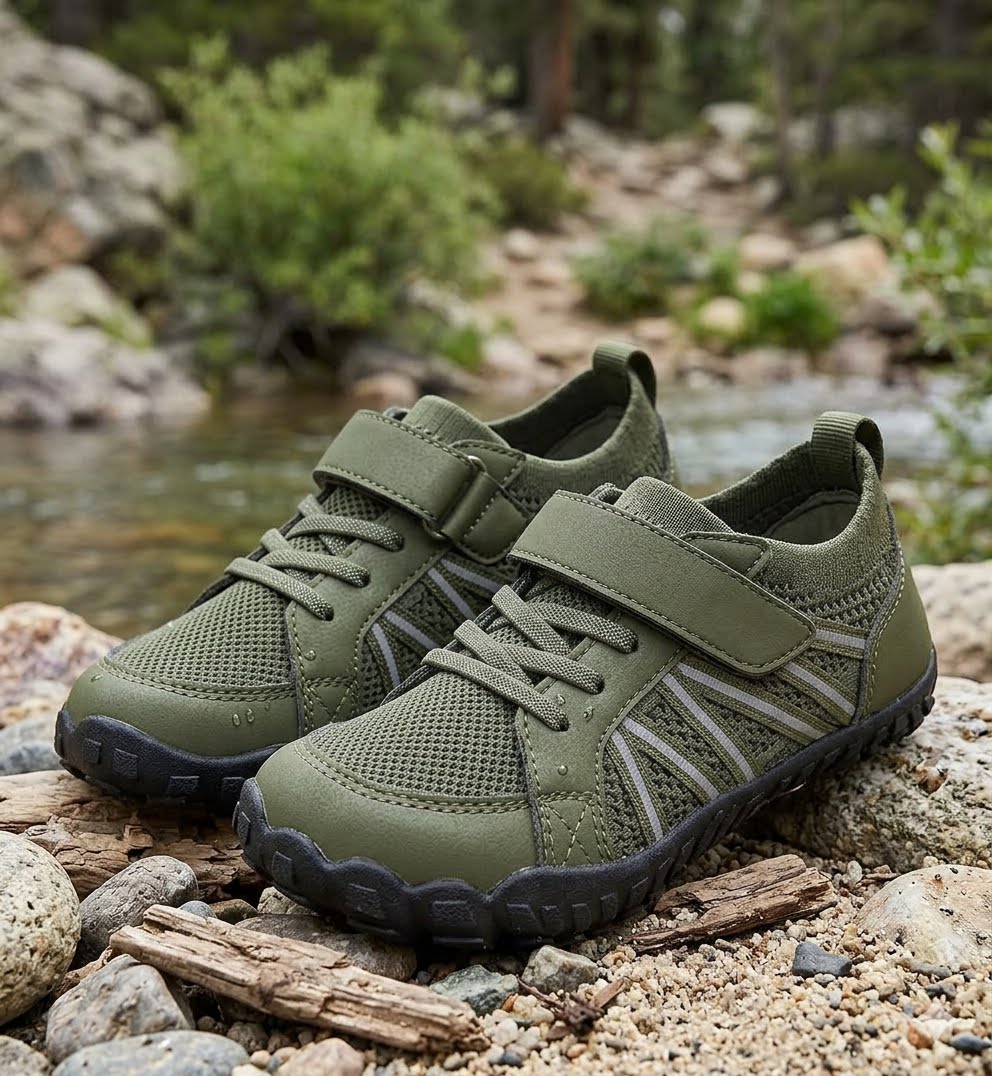 A pair of olive green water shoes with hook-and-loop straps and laces, resting on rocks near a stream in an outdoor forest setting. ig green bear biggreenbear.com
