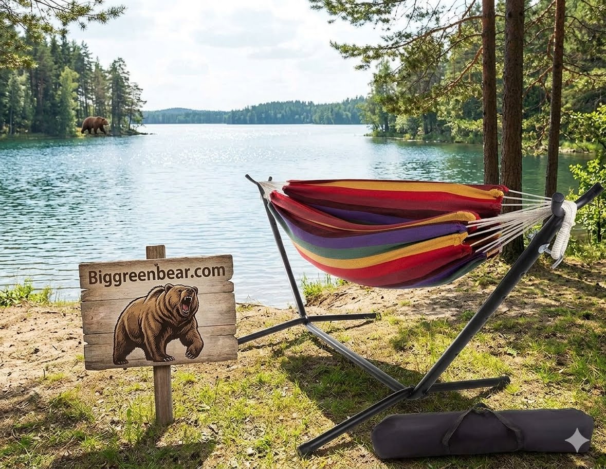 A multicolor striped camping hammock on a black metal stand by a lake, with a wooden sign reading Biggreenbear.com and a bear illustration, plus a dark carrying bag on the grass.