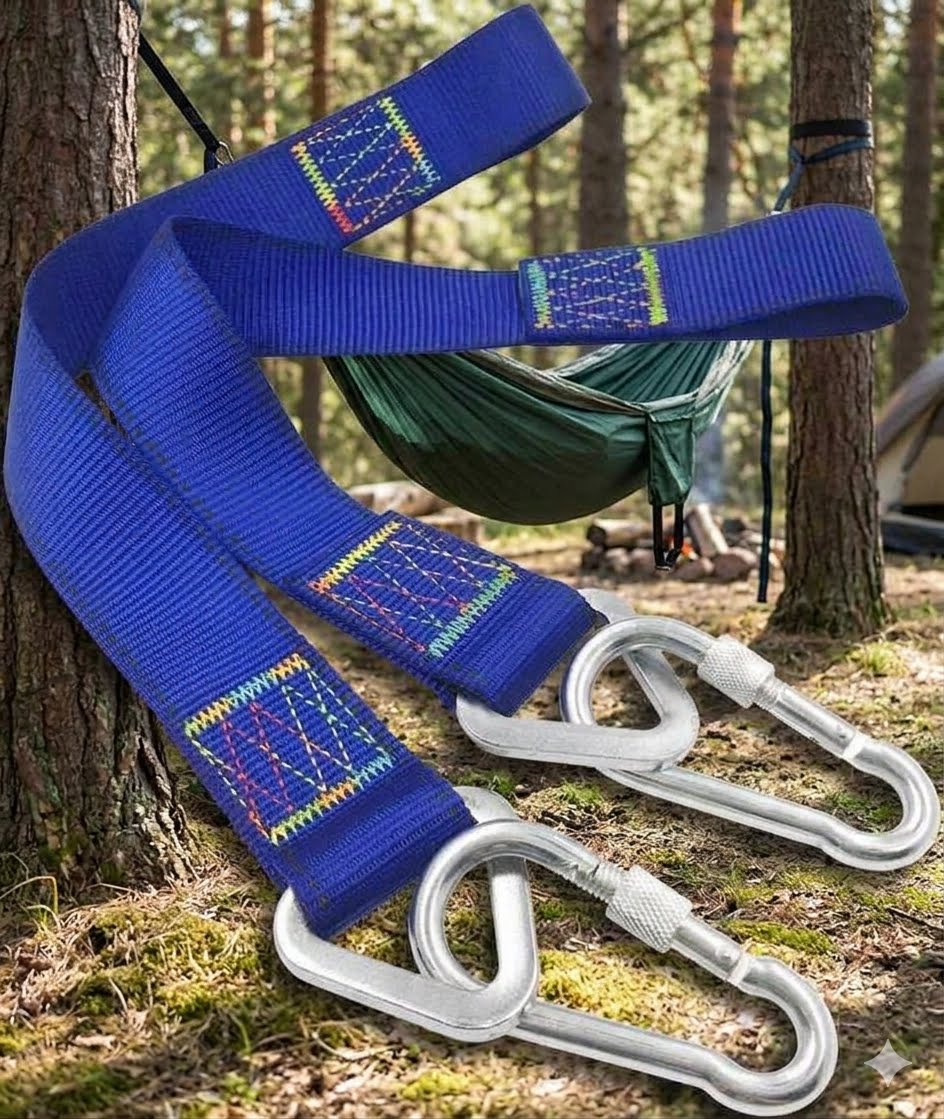 A blue camping hammock strap with colorful embroidered geometric patterns and silver carabiners, shown draped over a tree in a forest with a green hammock and tent in the background. big green bear biggreenbear.com