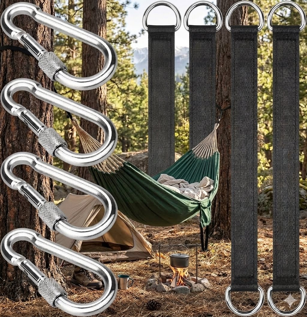 Four dark gray camping hammock straps with silver carabiners and metal rings, shown alongside a green hammock hanging between trees in a forest campsite setting. big green bear biggreenbear.com