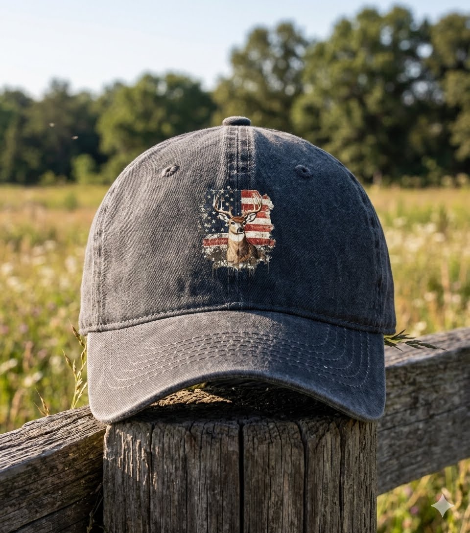 A dark gray washed baseball cap with a distressed American flag and deer graphic on the front, resting on a wooden fence post in an outdoor field. big green bear Biggreenbear.com